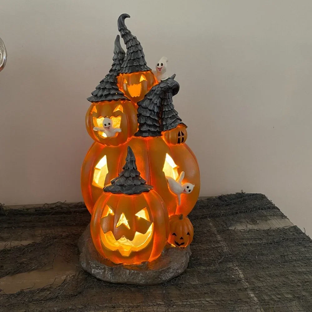 Halloween LED Lighted Pumpkin House Hangry Jack O Lantern Witch Hat Figure Ghost